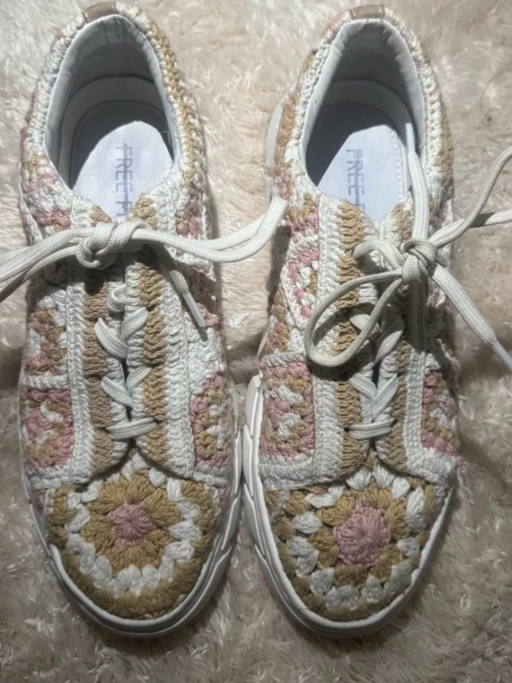 Free People Crochet Lace-Up Sneakers in Cream, Pink & Tan